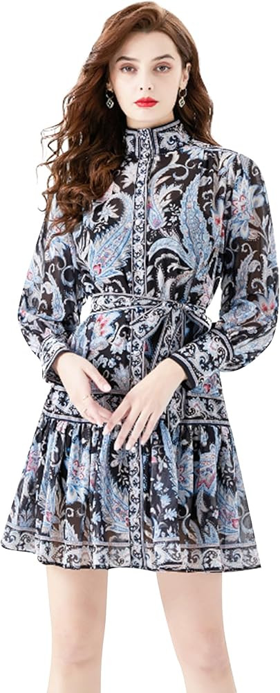 LAI MENG FIVE CATS Women's Floral Print Button up Lantern Sleeve Casual Shirt Dress A-line Mini D... | Amazon (US)