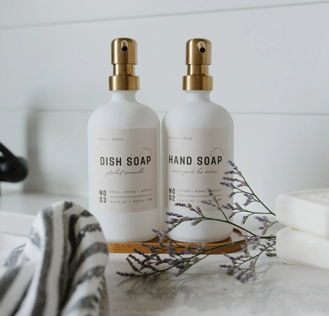 White Glass Soap Dispenser Set | Matte Printed Labels | Soap Bottles with Gold Pumps and Bamboo T... | Etsy (US)