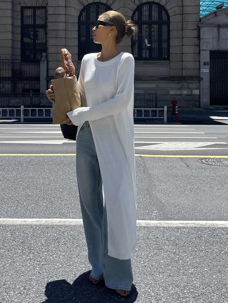 DAZY Women's Loose Long Sleeve Split Hem Long Sweater | SHEIN