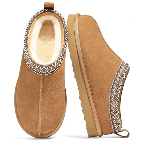 bebealy Genuine Suede Fuzzy Slippers for Women Winter Warm House Shoes Cozy Mini Boots for Indoor Outdoor, Chestnut 40 | Amazon (US)