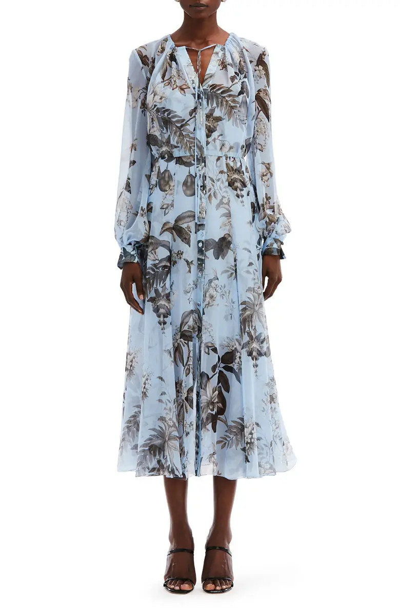 Fauna Floral Sheer Long Sleeve Silk Shirtdress | Nordstrom
