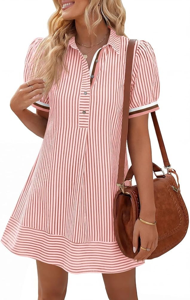 Wenrine Womens Summer Striped Mini Dresses Puff Short Sleeve Loose Fit Casual Button Collared Shi... | Amazon (US)