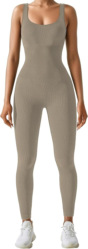 AURUZA Jumpsuit for Women Workout Seamless Jumpsuits Yoga Ribbed One Piece Tank Tops Rompers Slee... | Amazon (US)