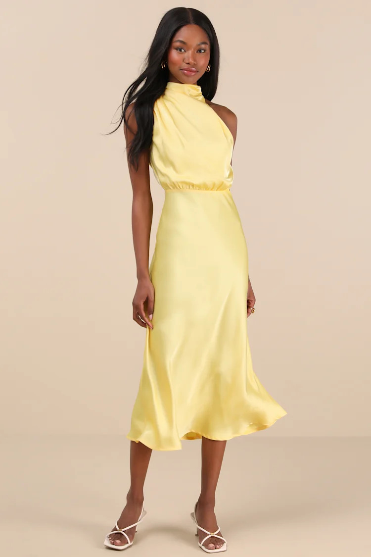 Distinctive Charm Yellow Satin Asymmetrical Midi Dress | Lulus