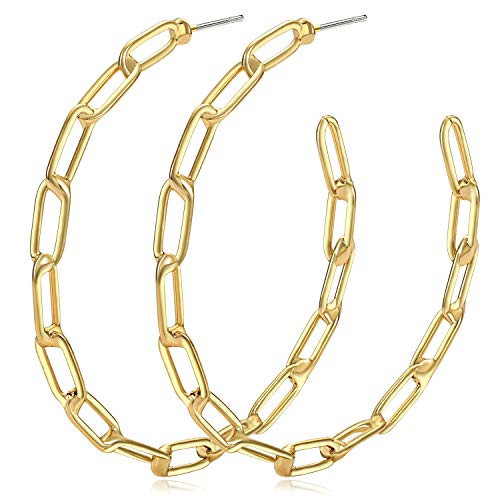 NLCAC 14K Gold Chain Hoop Earrings - Chic Shiny Paperclip Chain Link Big Hoop Earrings for Women | Amazon (US)