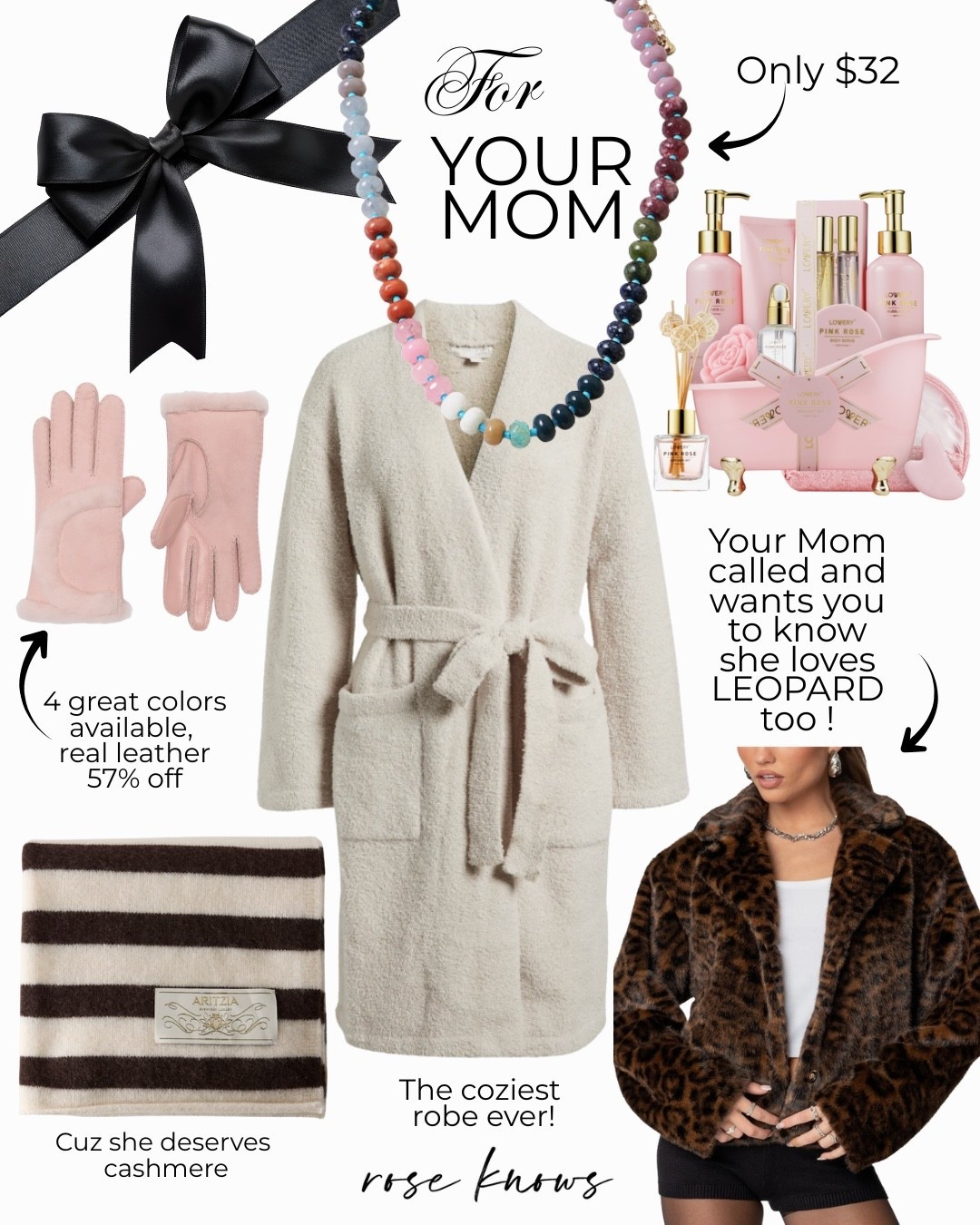 Gifts for your Mom, sister or anyone special 
Best softest bathrobe by Barefoot dreams under $100, 
Leopard Becca use all the girls love some leopard faux fur 
gloves cjemin several colors and made by Ugg so you know they’re well made! And on sale over 50% off now at the rack. 

#LTKFindsUnder50 #LTKGiftGuide #LTKFamily