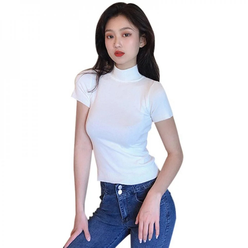 Women's Solid Half Turtleneck Fashion Slim Short Sleeve Knitted T-Shirt Pullover White - Walmart.... | Walmart (US)