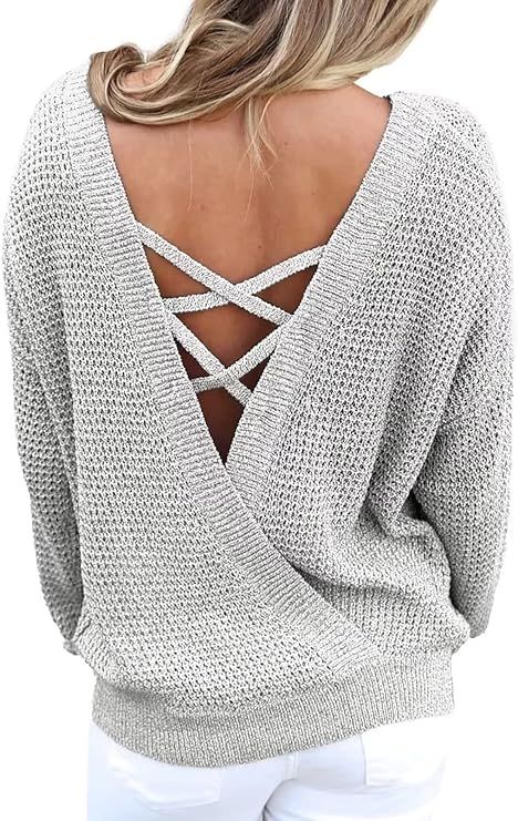 Amazon.com: Asvivid Sexy Criss Cross V Neck Pullover Sweaters for Women Long Sleeve Comfy Backles... | Amazon (US)