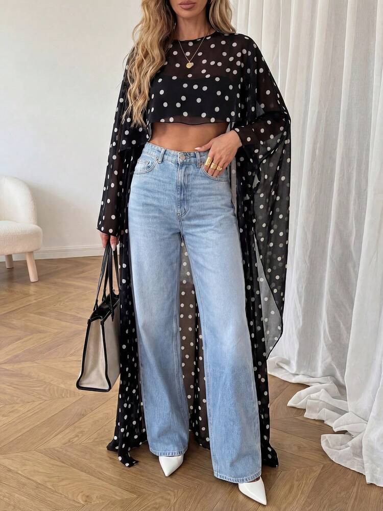 Women's Polka Dot Elegant Casual Cover Up, Suitable For Beach, Vacation, And Dates, Flowing Long ... | SHEIN
