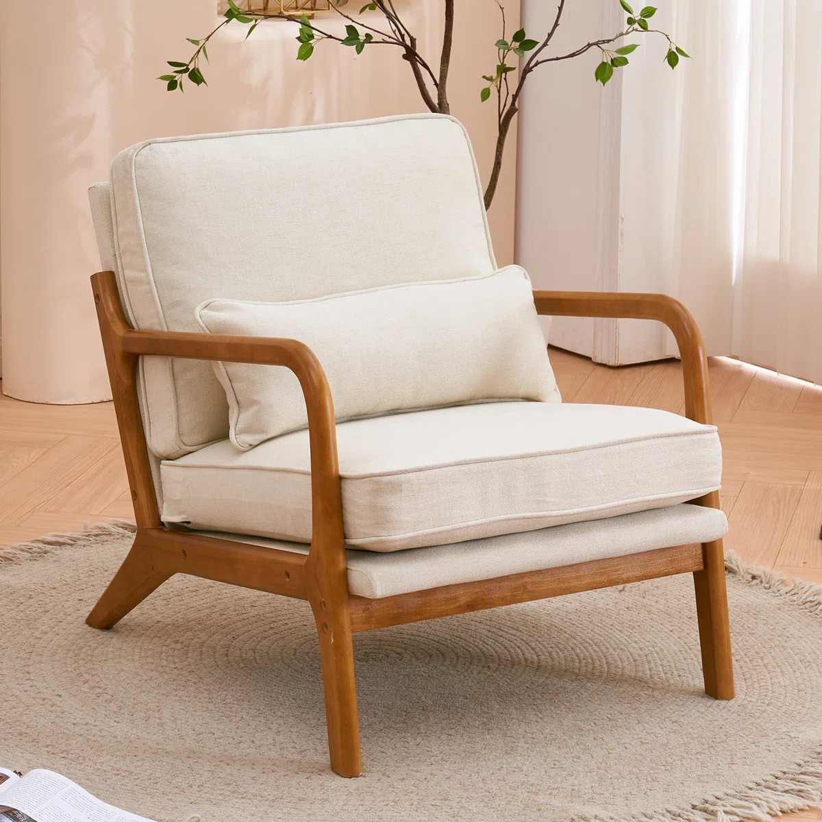 Lemley Mid Century Solid Wood Accent Chair Upholstered Armchair with an Extra Pillow | Wayfair North America