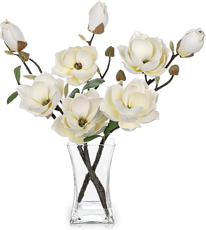Briful Artificial Magnolia Flower Arrangement with Glass Vase, 18.5in White Faux Magnolia Flowers... | Amazon (US)