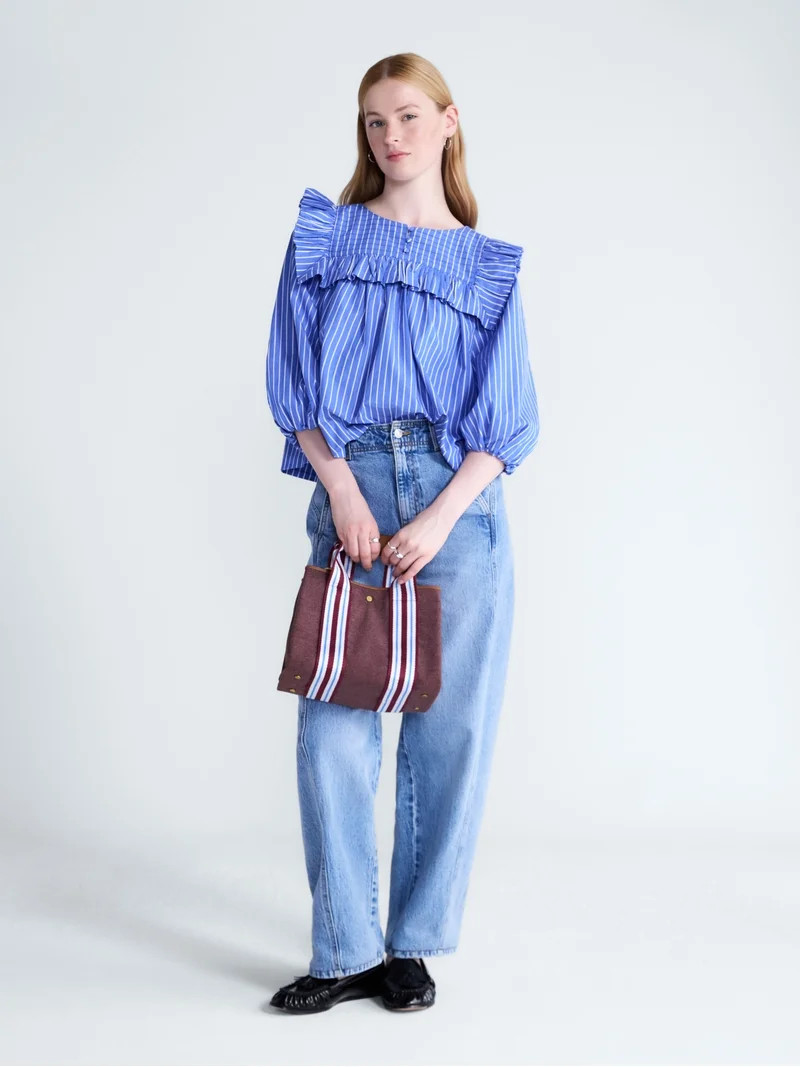 Free Assembly Women's and Women's Plus Ruffle Yoke Cotton Top with Puff Sleeves, Sizes XS-4X | Walmart (US)