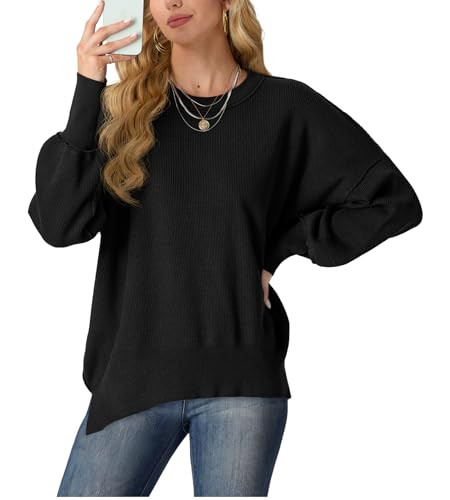 Lepunuo Womens Sweaters Spring 2025 Oversized Knitted Pullover Sweater Casual Long Sleeve Crewneck Cute Sweaters Black | Amazon (US)