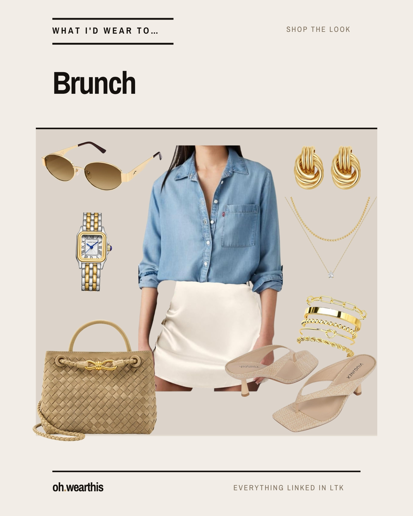 What I'd wear to brunch. Chambray shirt, cream satin mini, raffia kitten-heel sandals. The whole thing rests on one idea: pair the dressiest piece you own with the most casual one.

A satin mini on its own is a going-out skirt. Put a soft chambray shirt over it and it becomes daytime — the denim takes the shine down and makes the skirt wearable at 11am. That's the trick, and it works with any slip skirt you already own.

Two things I'd insist on. Roll the sleeves — a chambray shirt worn buttoned to the wrist looks like a uniform, and rolled it looks like you dressed for the weather. And keep the shoe low; a kitten heel walks on a patio, a stiletto doesn't, and this outfit lives outside.

The gold is the last 10%. Stacked bracelets, a layered chain, a two-tone watch — that's what makes a $30 skirt read like you meant it.

Wear it to brunch, a bridal shower, a birthday lunch, a long weekend somewhere warm.

The whole look is linked. I earn a commission when you shop these.

brunch outfit · chambray shirt outfit · satin skirt outfit · white mini skirt · raffia sandals · woven tote bag · gold jewelry stack · summer to fall outfit 

 #LTKgrwm #LTKootd #LTKSeasonal
