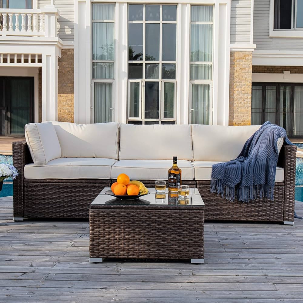 COSIEST 4-Piece Outdoor Furniture Set Brown Wicker Sectional Sofa w Thick Off White Cushions, Gla... | Amazon (US)