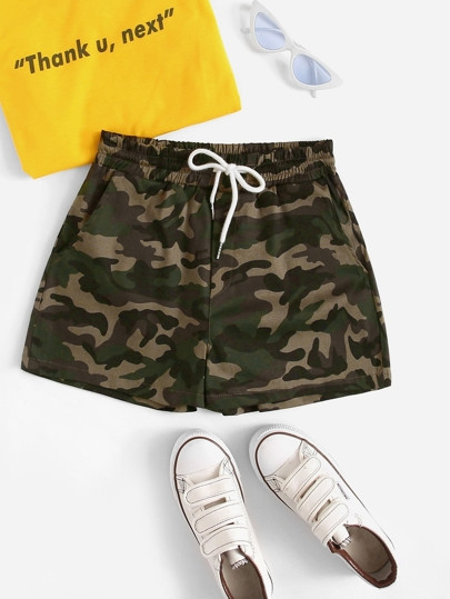 Camo Print Drawstring Waist Utility Shorts | SHEIN