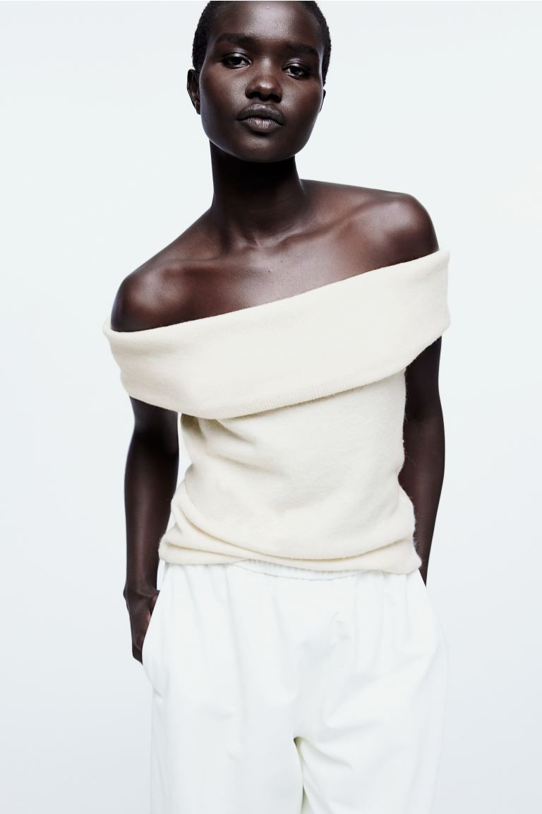 Knit Off-the-shoulder Top - Cream - Ladies | H&M US | H&M (US + CA)