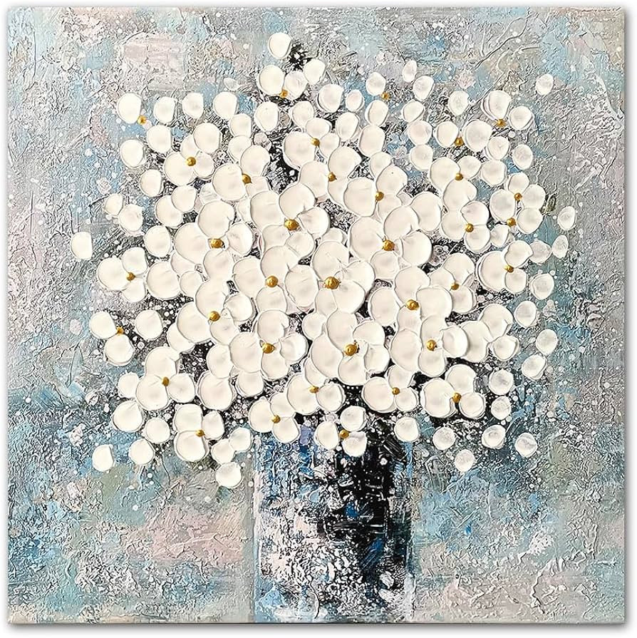 Waowumar Flowers Canvas Wall Art Blue and White Blossom Pictures Contemporary Palette Knife Flora... | Amazon (US)