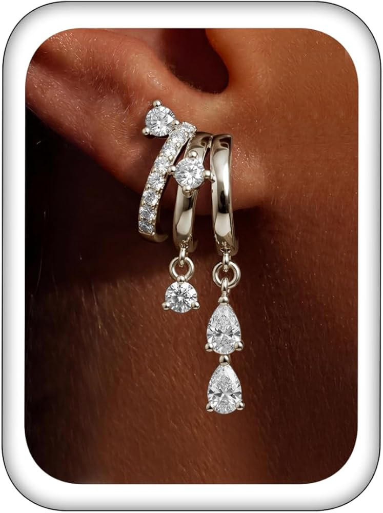 Triple Huggie Stacked Earrings for Women Gold Chain Drop Dangle Earrings Cute Statement CZ Earrin... | Amazon (US)