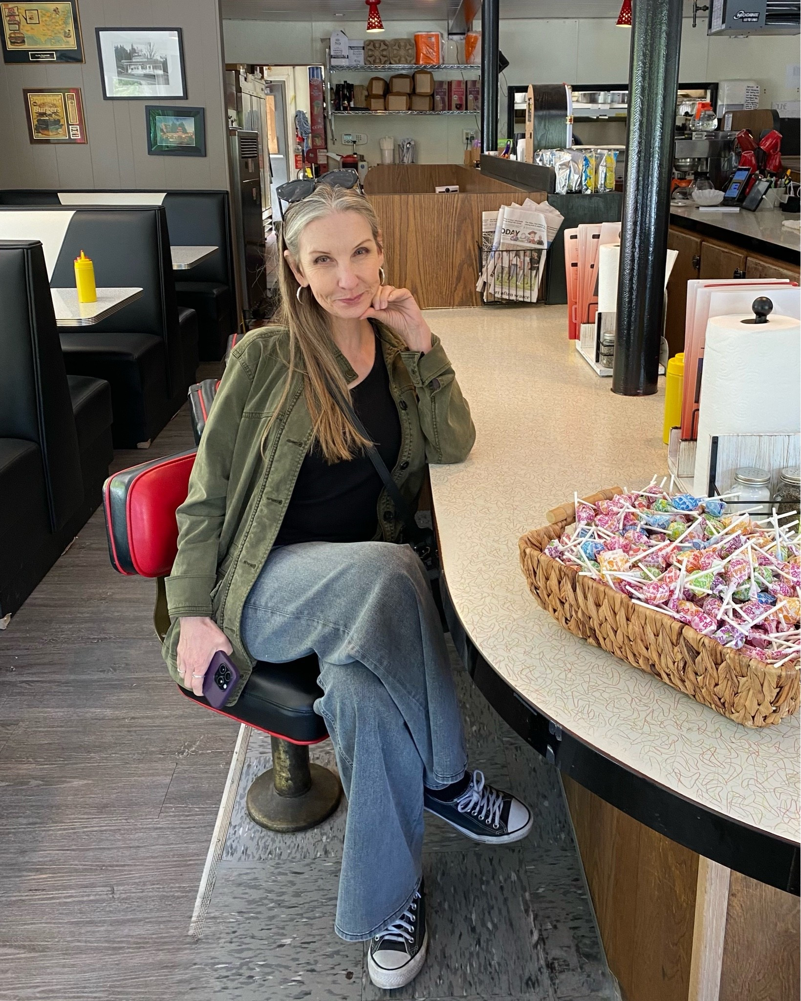 Casual ootd at an old fashioned diner. #grayjeans #utilityjacket #casualootd #styleover60 #retiredlife

#LTKdayinmylife #LTKootd #LTKOver40