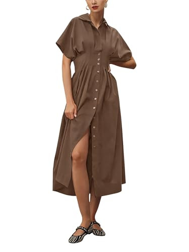 Yeokou Shirt Dress for Women Summer Casual Short Sleeve Button Down Loose Pleated Maxi Sundress w... | Amazon (US)