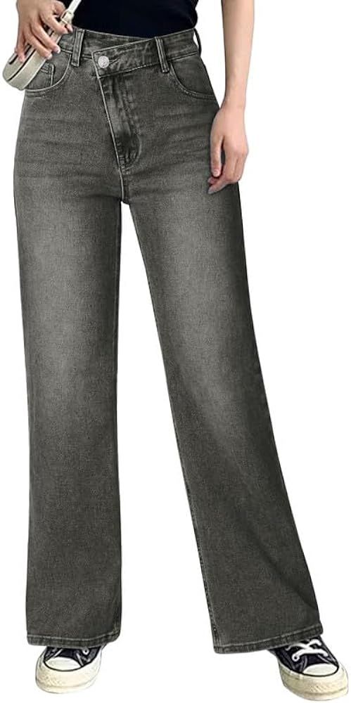 Genleck Women Crossover Wide Leg Jeans – Stretch Baggy Jeans High Waisted Trendy Boyfriend Jean... | Amazon (US)