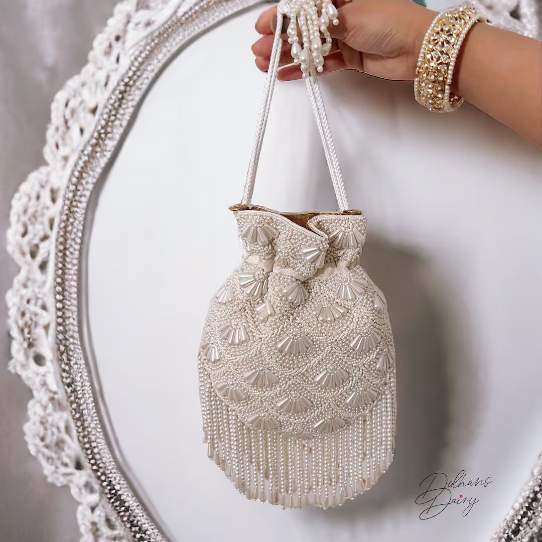 Ivory Breeze: Intricately Beaded Bridal Potli Bag Bridal Clutch Handmade Wedding Day Bag - Etsy | Etsy (US)