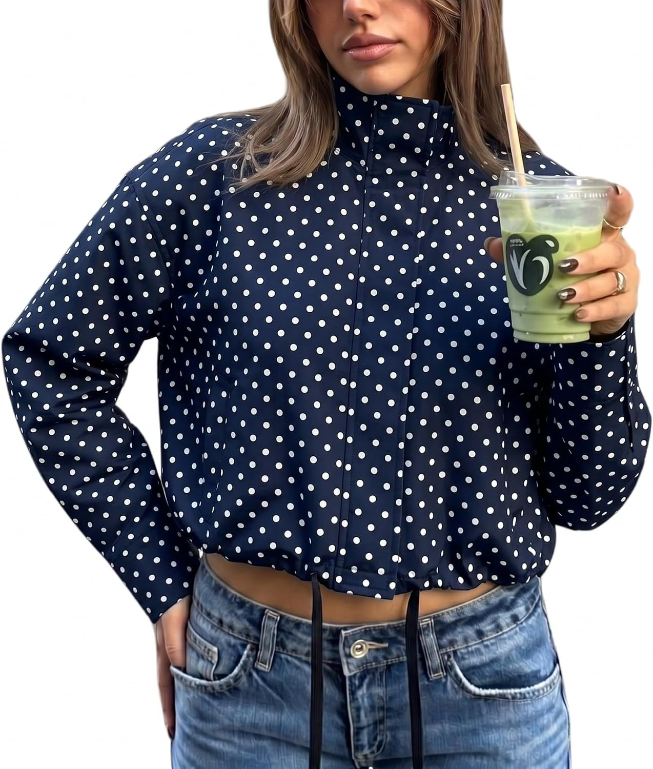 HZXVic Polka Dot Jacket Womens Cropped Zip Up Jacket With Drawstring Womens Coat With Pockets Lightweight Casual | Amazon (CA)
