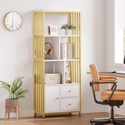 62" Gold Bookshelf 3 Drawers & Door, 4-Tier White Gold Bookcase with Metal Frame, Floor Standing Display Storage Cabinet | Target