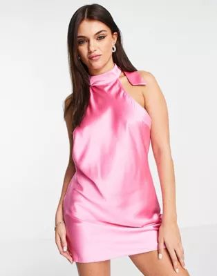 Miss Selfridge halter neck satin mini dress in pink | ASOS (Global)