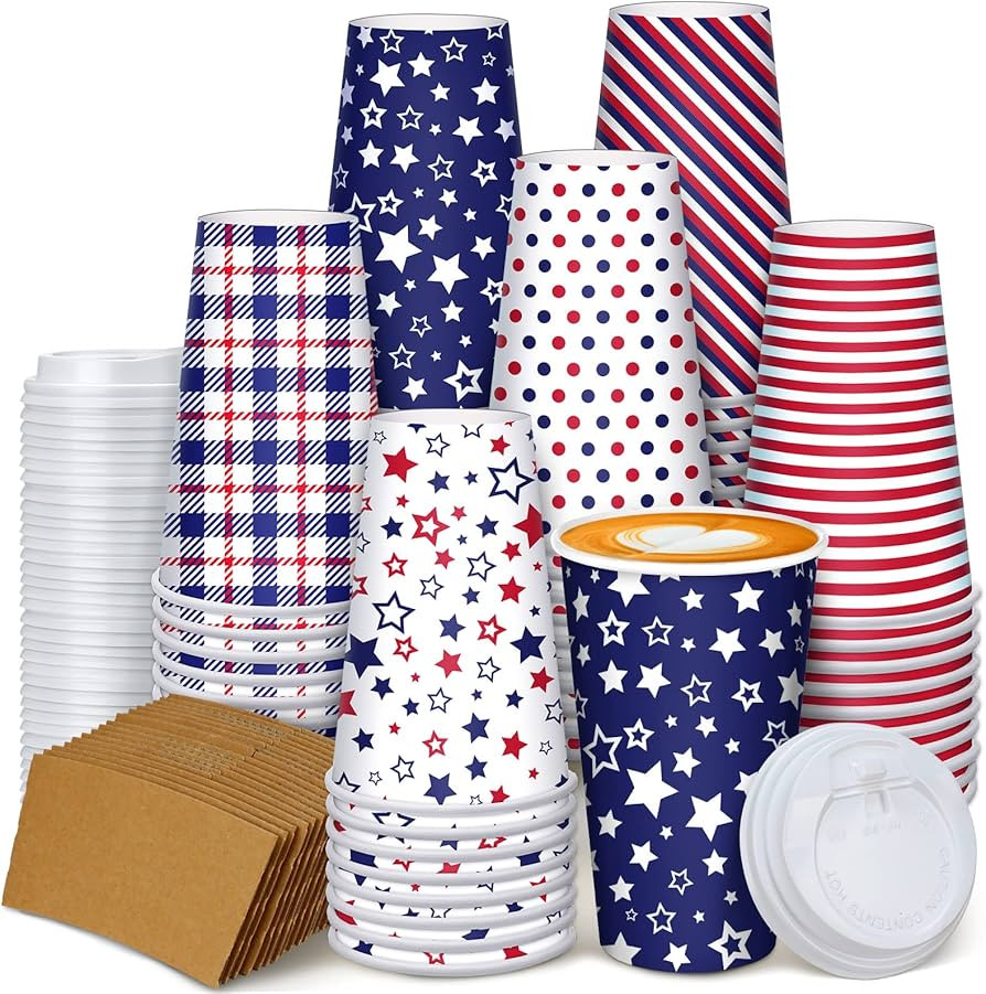 180 Pcs/ 60 Sets Independence Day Paper Coffee Cups with Lids and Sleeves 16 oz Patriotic Disposa... | Amazon (US)