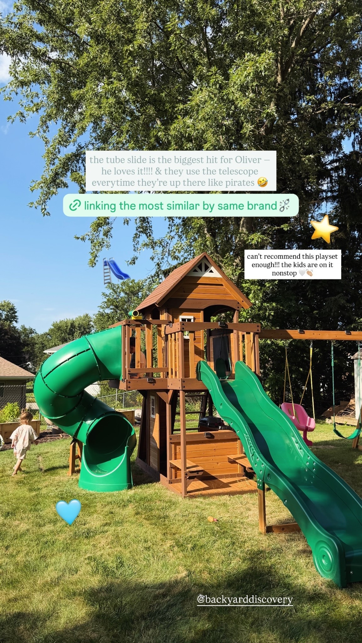can’t recommend this playset enough!!! the kids are on it nonstop 🤍👏🏼 @backyarddiscovery  the tube slide is the biggest hit for Oliver — he loves it!!!! & they use the telescope everytime they’re up there like pirates 🤣 🩵 ⭐️ 🛝