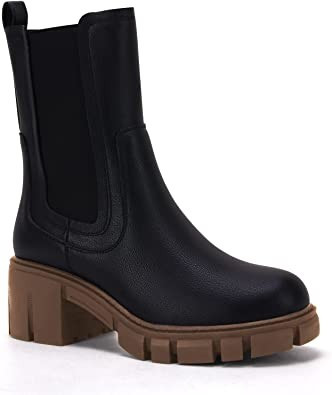 Amazon.com: Elastic Lug Sole,TINSTREE Women's Lug Sole Platform Boots Mid Calf Elastic Chunky Blo... | Amazon (US)