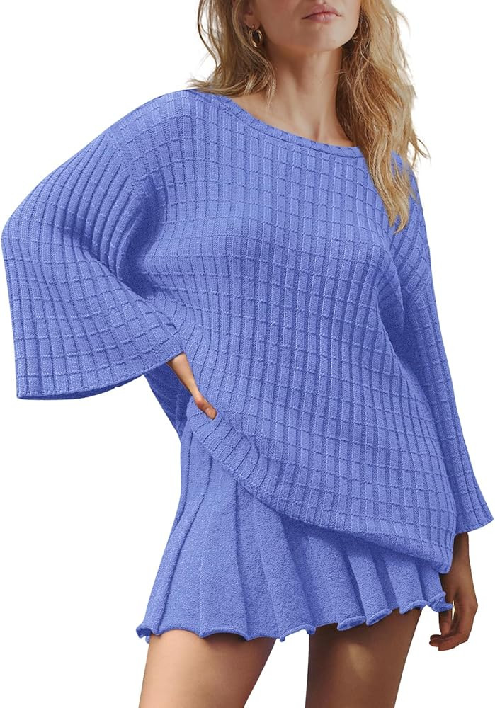 LAMISSCHE Womens Lounge Set Oversized 2 Piece Sweater Skirt Sets Long Sleeve Knit Top Pleated Ski... | Amazon (US)