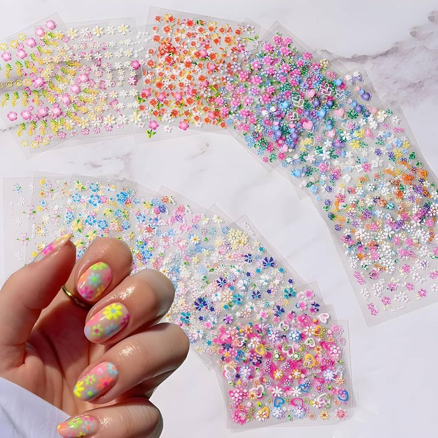 30 Sheets Flower Nail Art Stickers Decals Colorful Flower Nail Stickers 3D Self Adhesive Cute Dai... | Amazon (US)