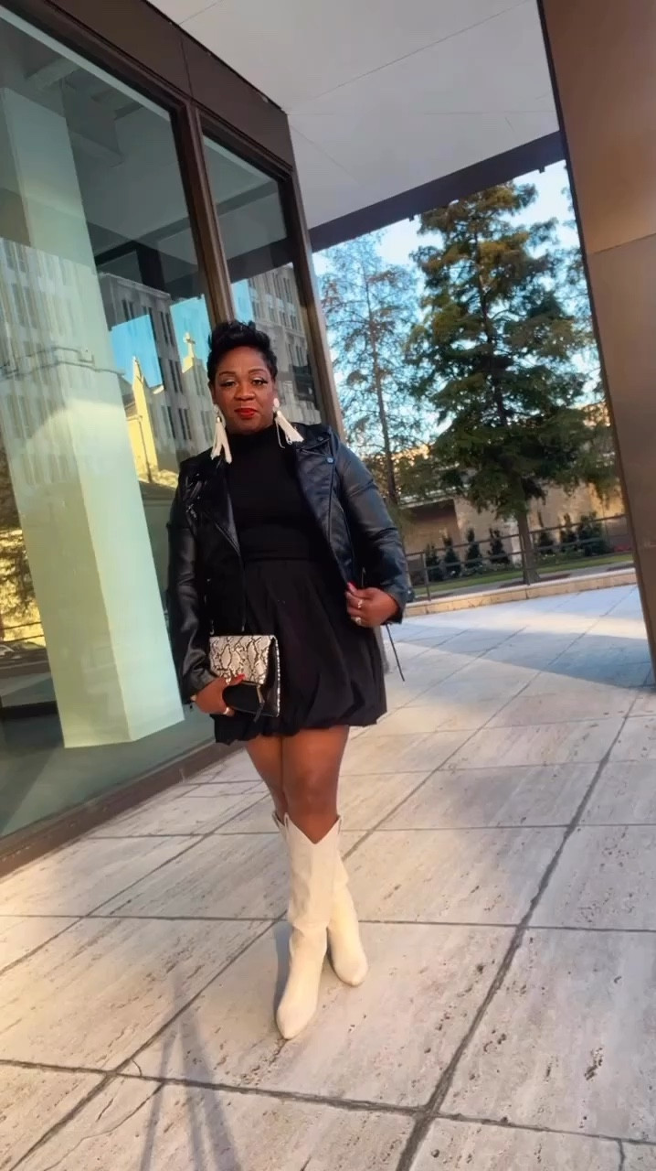 Styled this flattering bubble skirt with basic mock neck top, faux leather moto jacket and cream cowboy boots. See links below to sho this look✨

#LTKPlusSize #LTKStyleTip #LTKMidsize