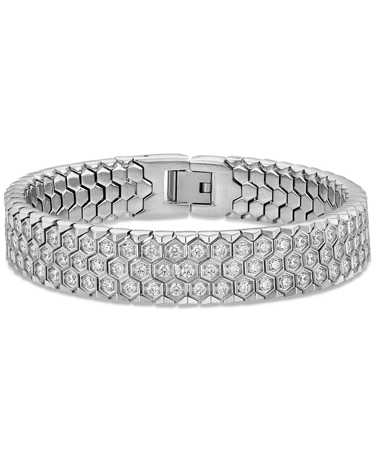 Esquire Men's Jewelry Cubic Zirconia Honeycomb Link Bracelet in Stainless Steel (Also in Black Ion-Plated Stainless Steel), Created for Macy's - Steel | Macy's