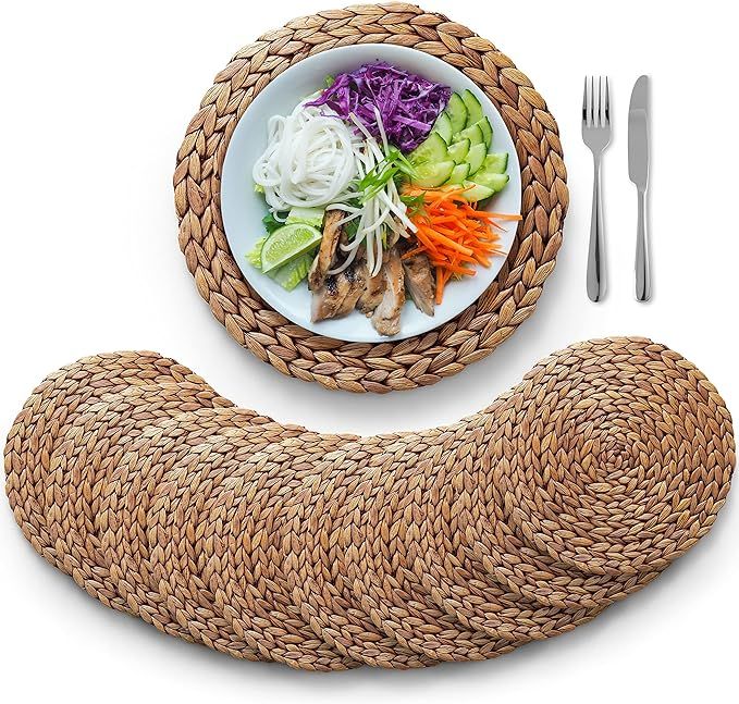 (Sizes: 12"-13"-14") BLUEWEST Woven Placemats Set of 10, Brown Round Rattan Placemats, Wicker Wat... | Amazon (US)