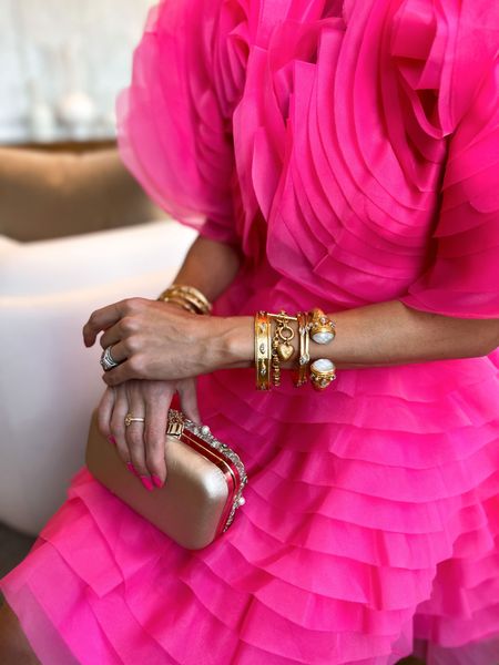 VDay style. Valentine’s Day accessories. Gold cuff bracelets. Heart necklace. Pink dress. Aje. Mini dress. Feminine style. Occasion dress. Tiers. Gold  

#LTKstyletip #LTKGiftGuide