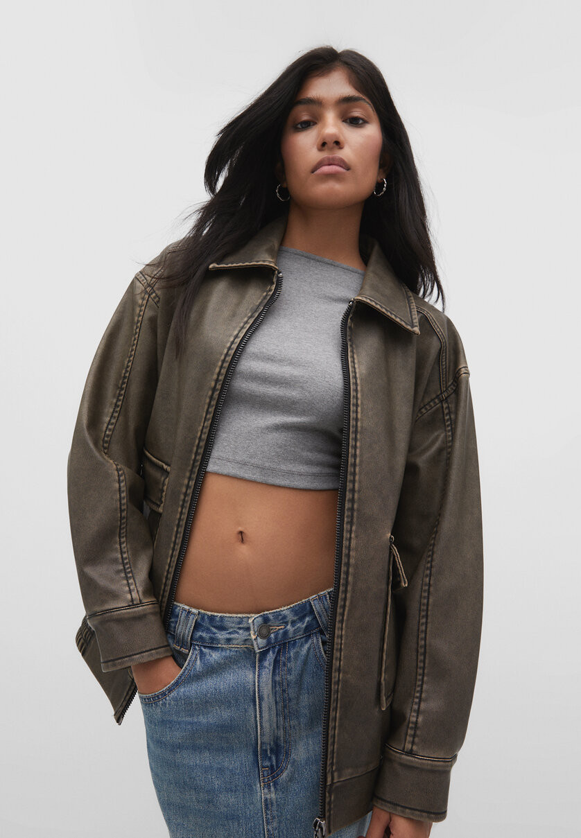 Faux leather jacket with pockets - Women's fashion | Stradivarius United Kingdom | Stradivarius (UK)