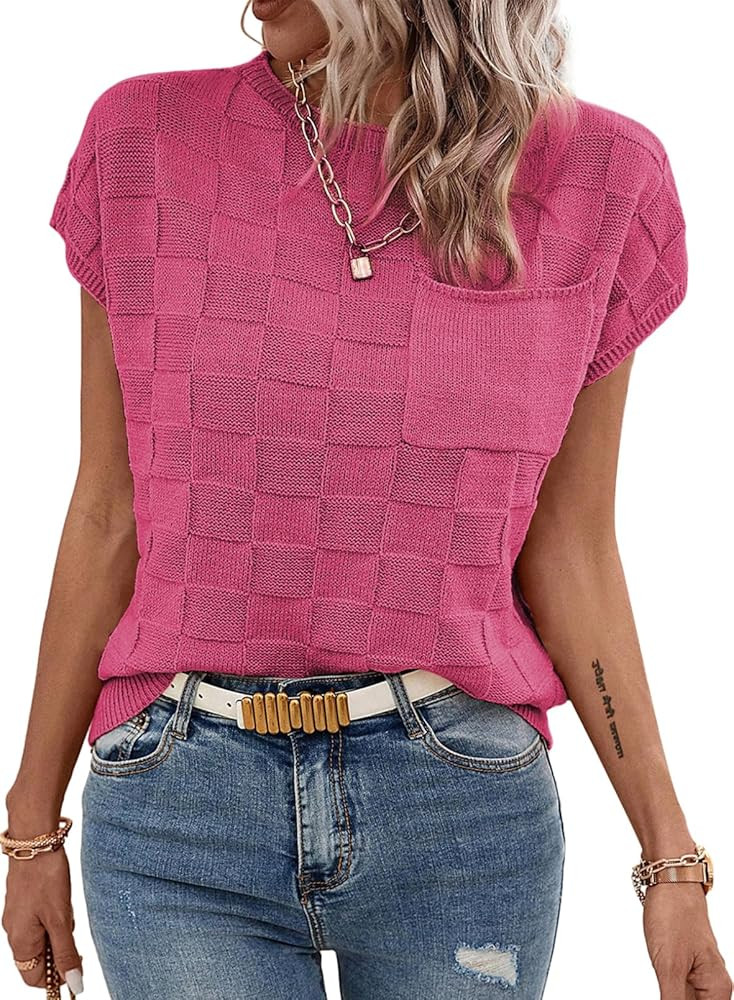 SHEWIN Womens Short Sleeve Sweater Casual Crewneck Summer Tops Lightweight Cap Sleeve Knit Sweate... | Amazon (US)
