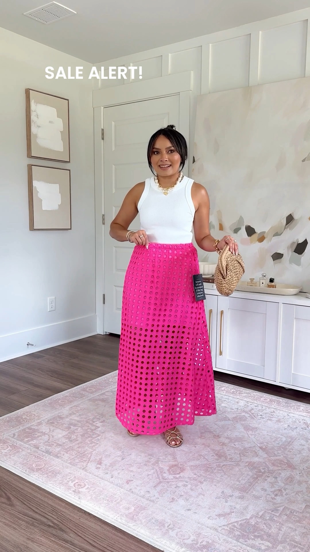 White tank size xs petite 
Pink skirt size xs TTS 
Red gingham 
Heels size 5 TTS 

#LTKgrwm #LTKPetite #LTKSaleAlert