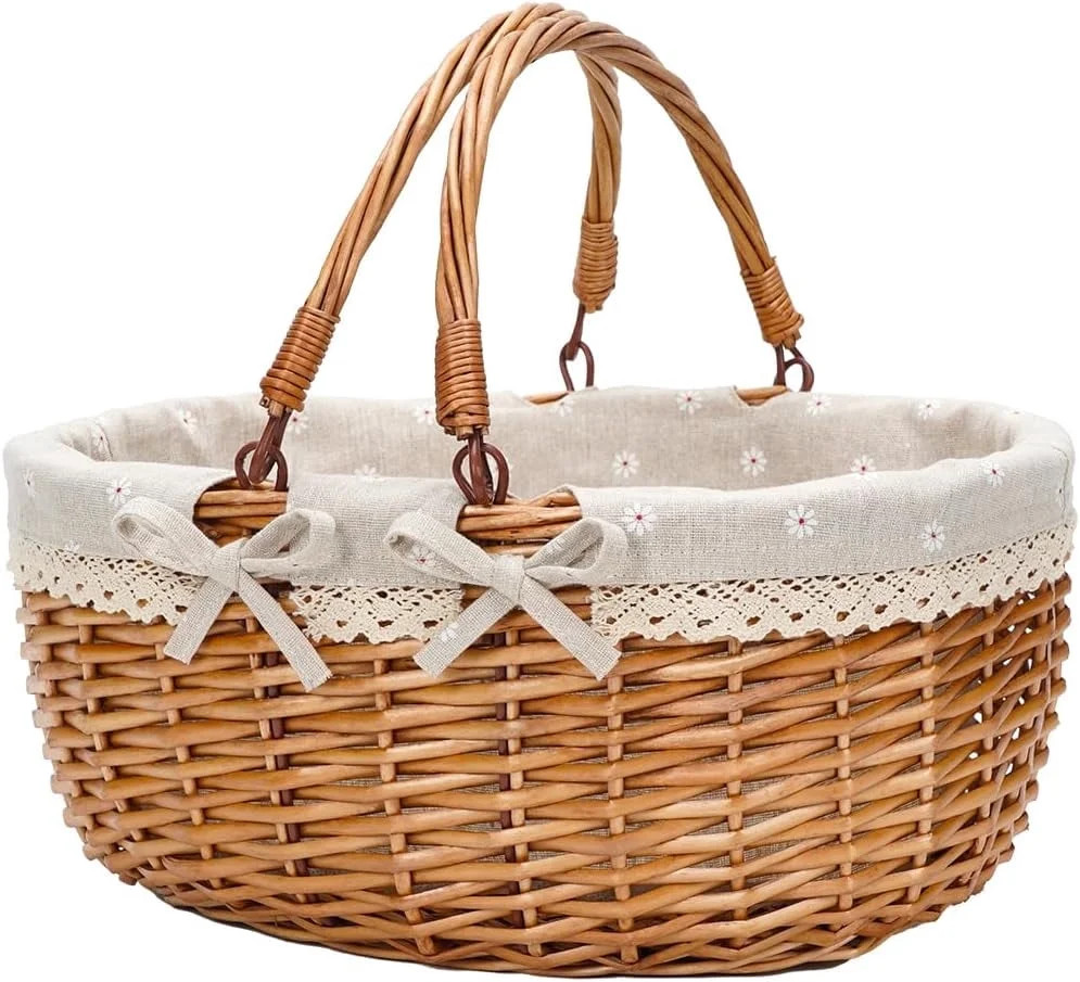 Large Wicker Picnic Basket with Handle, Sturdy Woven Body with Washable Lining,Beige Flower | Walmart (US)