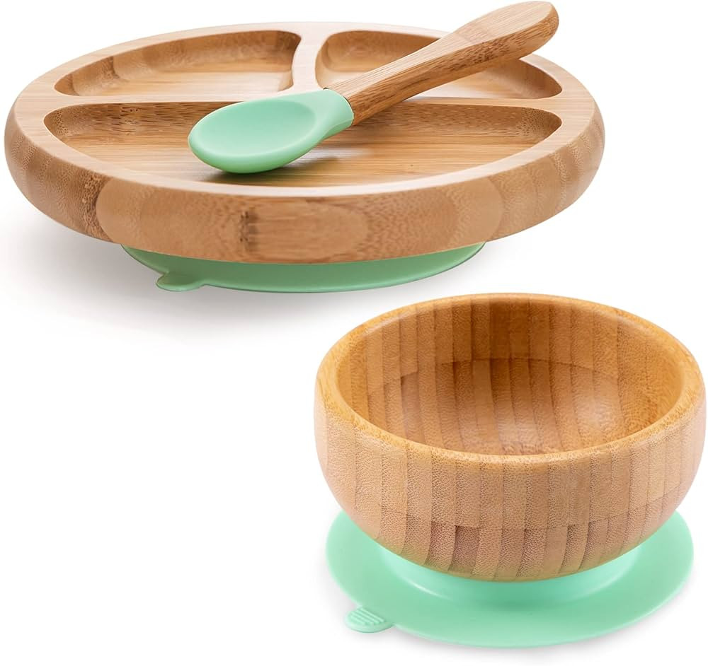 Baby Bamboo Suction Plate, Bowl and Spoon Set, Wooden Feeding Set for Toddler 1-3 Year Old, Silic... | Amazon (US)