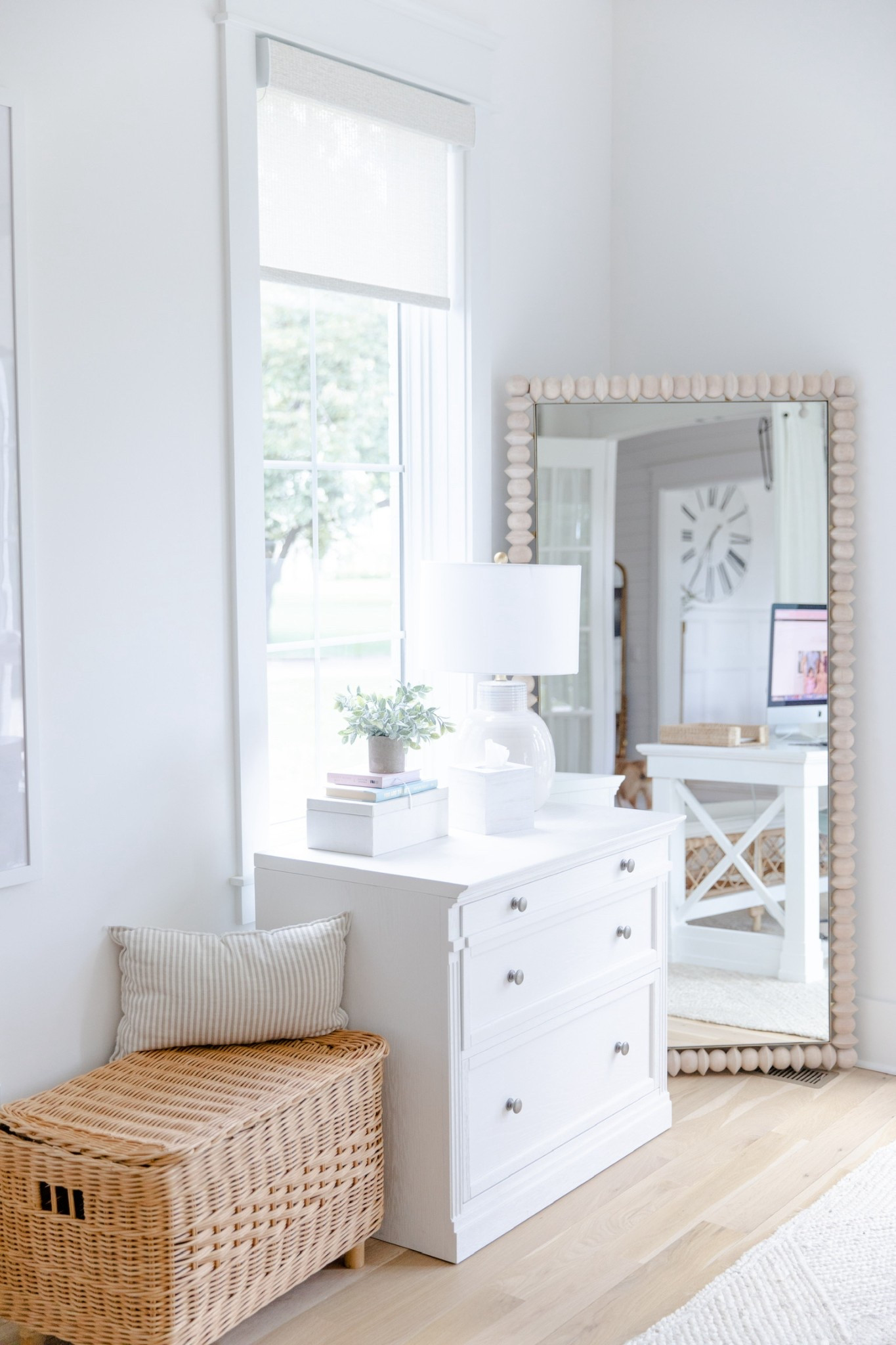 Closer look of my office! This mirror is gorgeous! And the white piece that looks like a dresser is actually a file cabinet, which is so great for all of my important papers. And then the basket next to it I actually put my printer in to hide it so that I don’t have an ugly printer in my office. I linked a similar one below that you could use! It’s one of my favorite things that I’ve done in my office!

#LTKFindsUnder100 #LTKHome #LTKSeasonal
