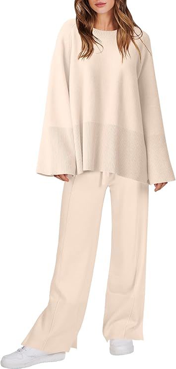 ANRABESS Womens 2 Piece Outfits Oversized Knit Sweater Set Wide Leg Pant Cozy Lounge Matching Paj... | Amazon (US)