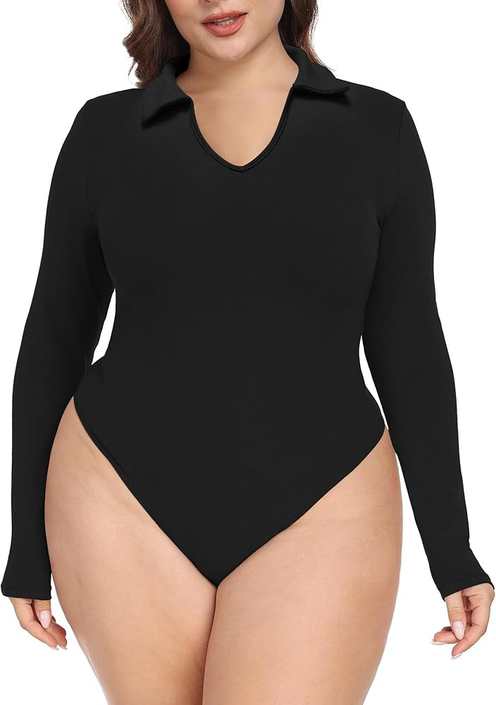 FOREYOND Plus Size Bodysuits for Women Long Sleeve Polo V Neck Body Suit Tops Casual Slim Fit Bas... | Amazon (US)