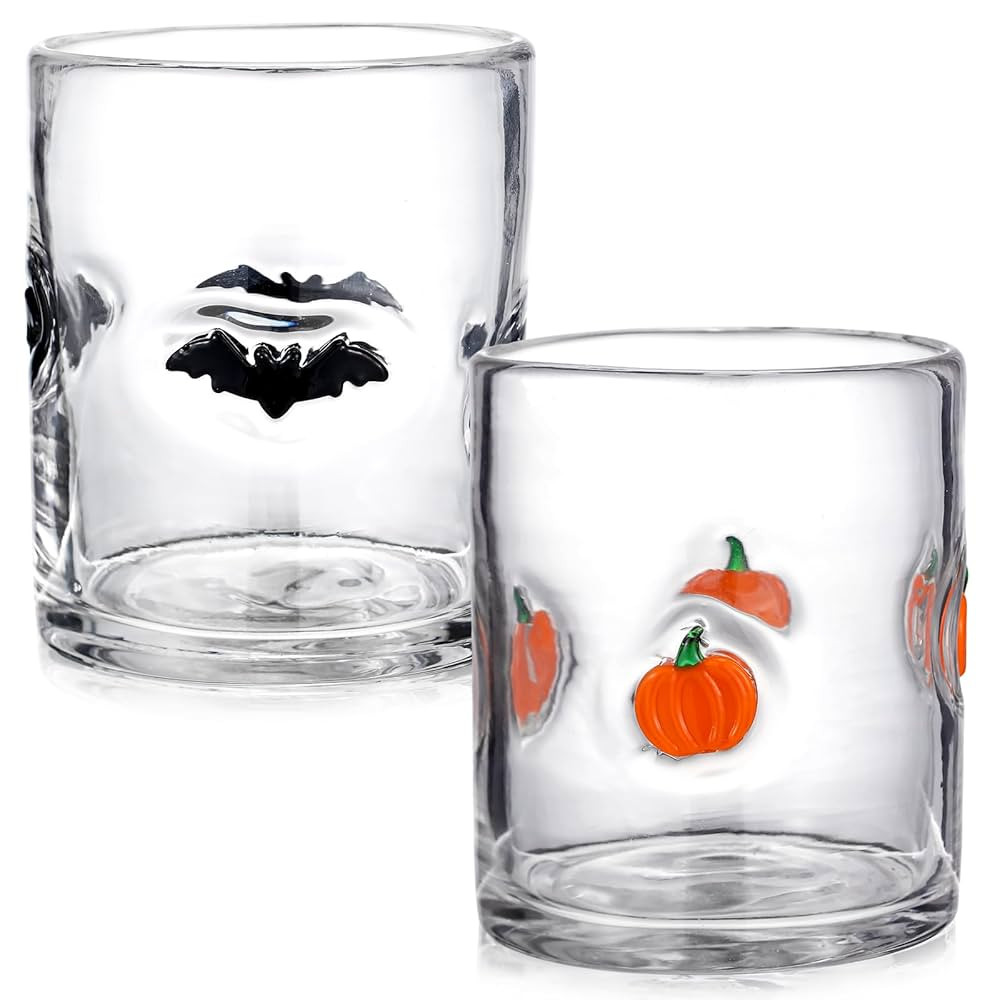 2 Pcs Halloween Icon Juice Glasses 14 oz Bat and Pumpkin Glass Cups Double Old Fashioned Hand Blo... | Amazon (US)