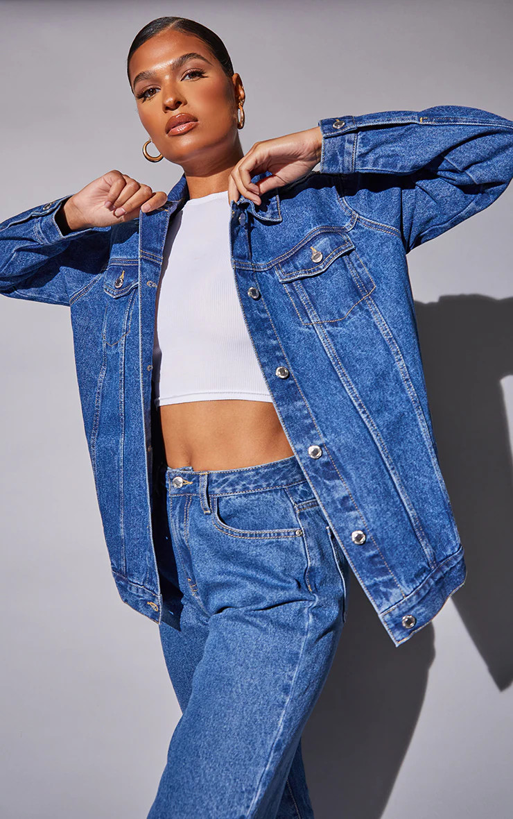 Mid Blue Wash Basic Oversized Boyfriend Denim Jacket | PrettyLittleThing US