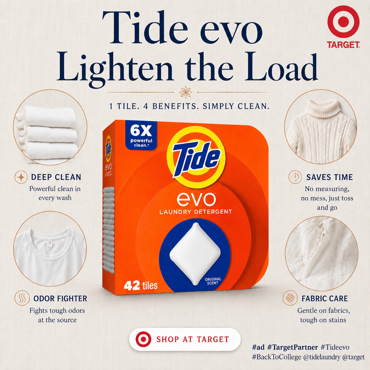 #ad #TargetPartner Back to college laundry just got simpler. One TidetEvo tile tackles stains, odors, colors and fabric care, so every wash works harder.
#Tideevo #BackToCollege @tidelaundry @target #target @Shop.LTK  #liketkit 

 #LTKdayinmylife #LTKHome #LTKSaleAlert